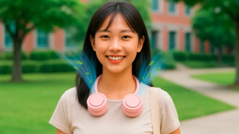 ハンディファンを首にかけたアジア系女性が夏の屋外で笑顔を見せる様子