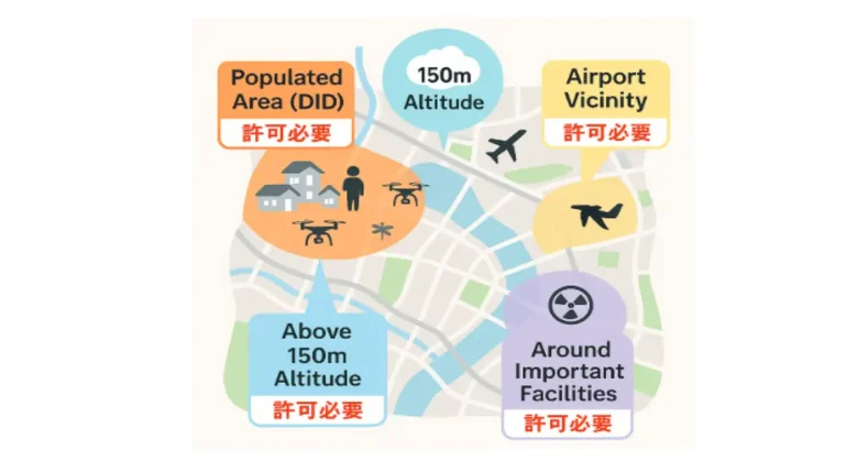 日本におけるドローンの飛行空域を示す図解マップ。DID地区や空港周辺、高度150m以上の空域など、飛行許可が必要なエリアが色分けされている。