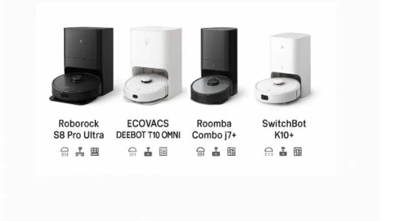 水拭きと吸引が両方できるロボット掃除機の人気モデル比較表。各モデルの機種名と機能アイコン付き。
