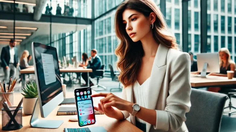 20代の女性がオフィスでiPhoneの「iPhoneを探す」機能をオフにしようとしている様子