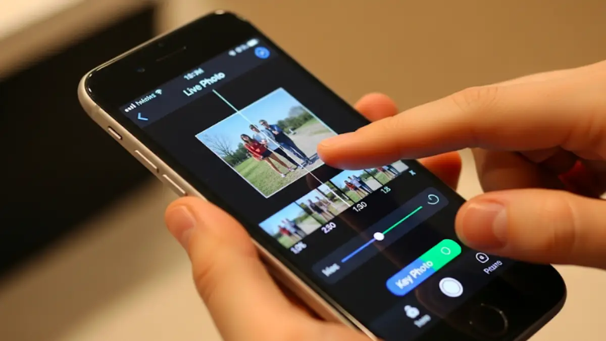 iPhoneの画面上で、Live Photosのタイムラインからキー写真を選択している様子