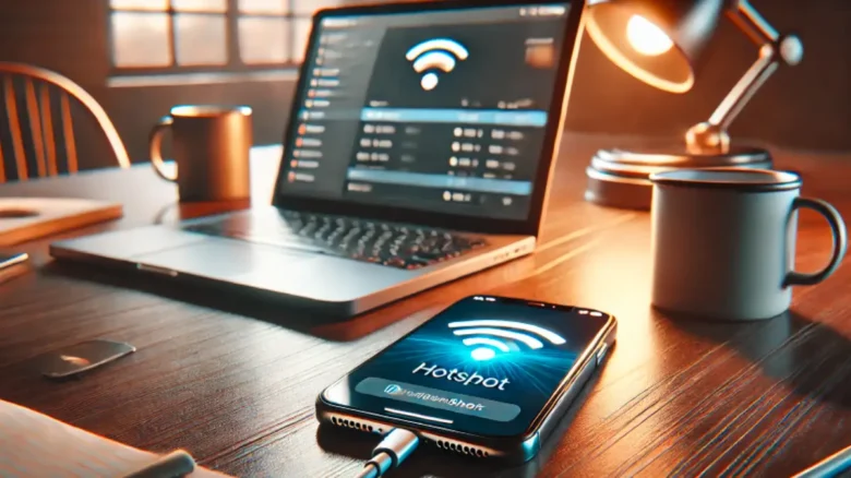 外出先でiPhoneのテザリング機能を使ってノートパソコンにインターネット接続している様子