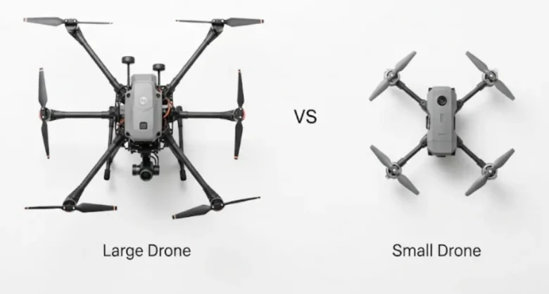 大型産業用ドローンと小型ホビードローンの比較。