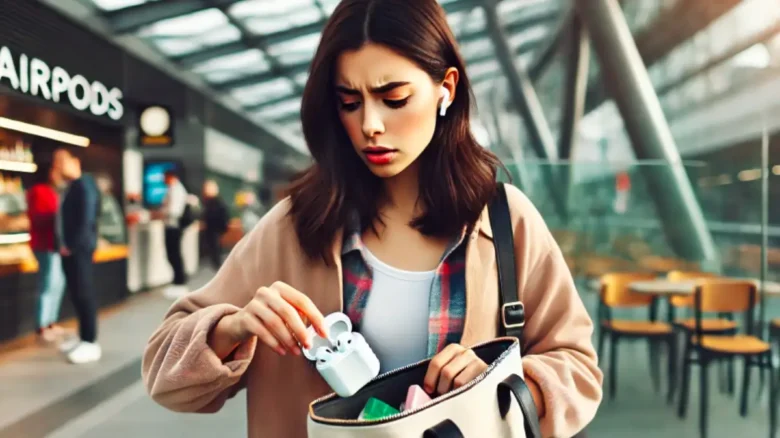 AirPodsケースをなくして困っている20代女性がバッグの中を探している様子