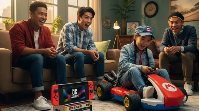 リビングでニンテンドースイッチ2の新作マリオカートを楽しむ人たちニンテンドー スイッチ 2性能
