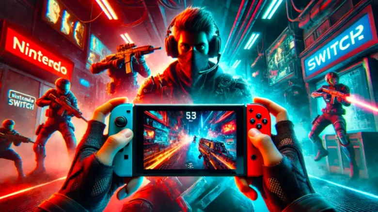 Nintendo Switch2で2画面マルチプレイを楽しむ2人のプレイヤーとサイバーパンク背景のゲーム画面