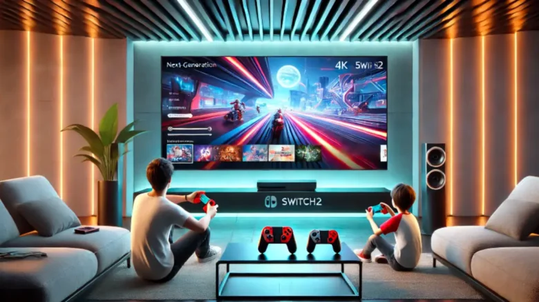 Nintendo Switch2で2画面プレイを楽しむ2人のプレイヤーと大型テレビのシーン
