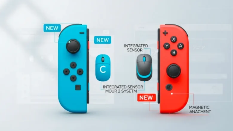 Nintendo Switch 2 Joy-Con(ジョイコン)コントローラー、Cボタン、マウスセンサー、マグネットアタッチメント搭載の青と赤の新型