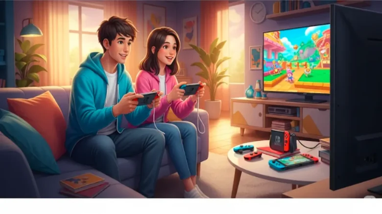 自宅のソファでNintendo Switch 2をシェアプレイで楽しむ2人、マリオカートを大画面テレビでプレイ