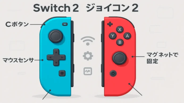 Nintendo Switch 2のJoy-Con 2コントローラーの新機能を示したイラスト。Cボタンやマウスセンサー、マグネット接続などを視覚的に解説。