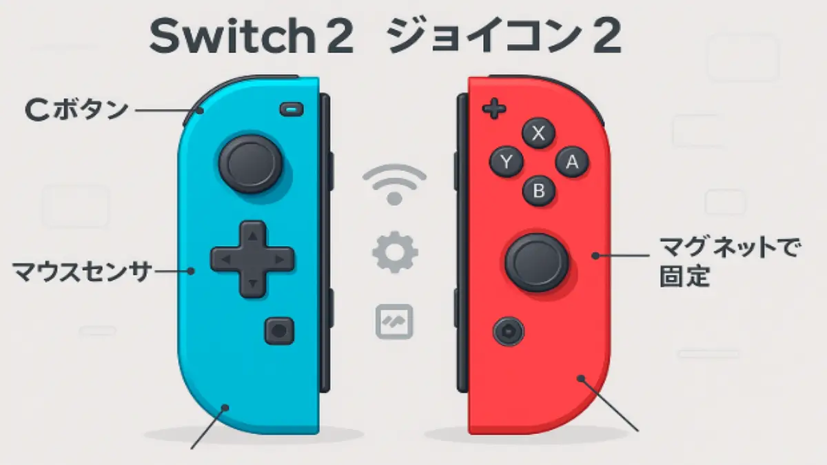 Nintendo Switch 2のJoy-Con 2コントローラーの新機能を示したイラスト。Cボタンやマウスセンサー、マグネット接続などを視覚的に解説。