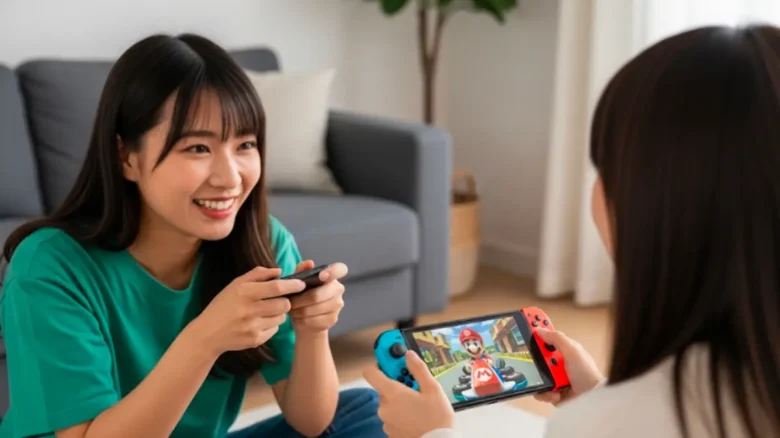 自宅でNintendo Switch 2のマリオカートを楽しむ20代アジア人女性2人組、一人は正面、もう一人は後ろ姿