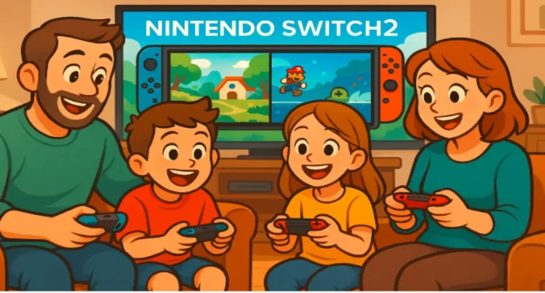 Nintendo Switch2で家族がリビングで協力プレイを楽しんでいる様子。テレビ画面はスプリットスクリーン、子どもたちはJoy-Conを共有し笑顔でゲーム中。