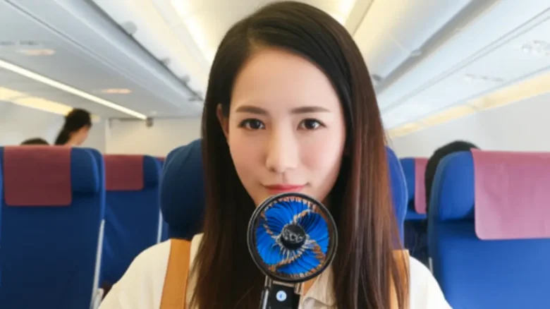 飛行機内でハンディファンを使うアジア人女性