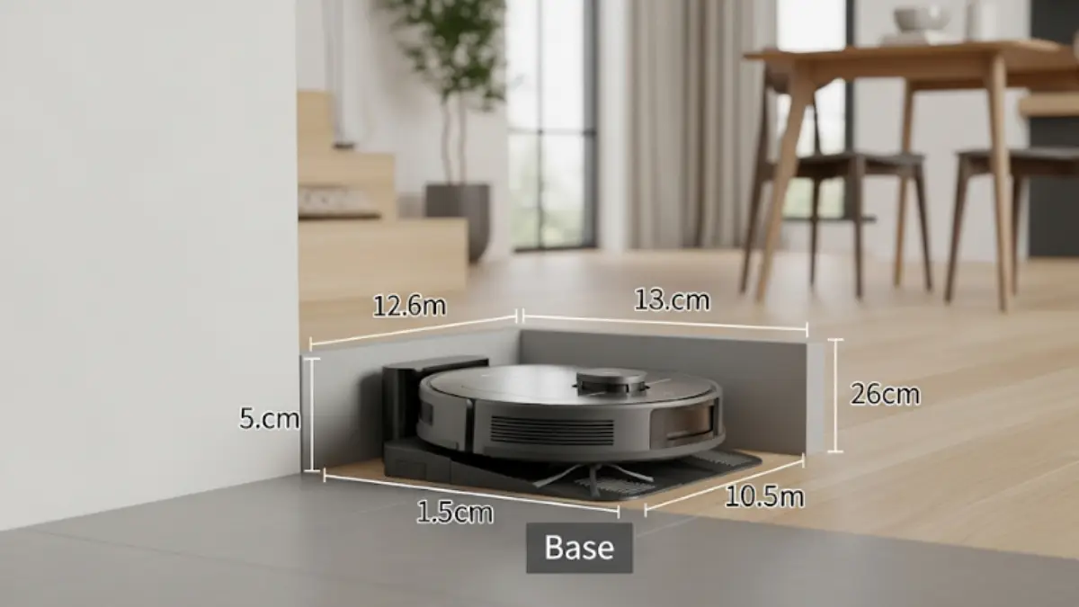 モダンな家の隅に設置されたロボット掃除機と基地（ステーション）。必要な設置スペースの目安となる幅、奥行き、高さの寸法が示されている。