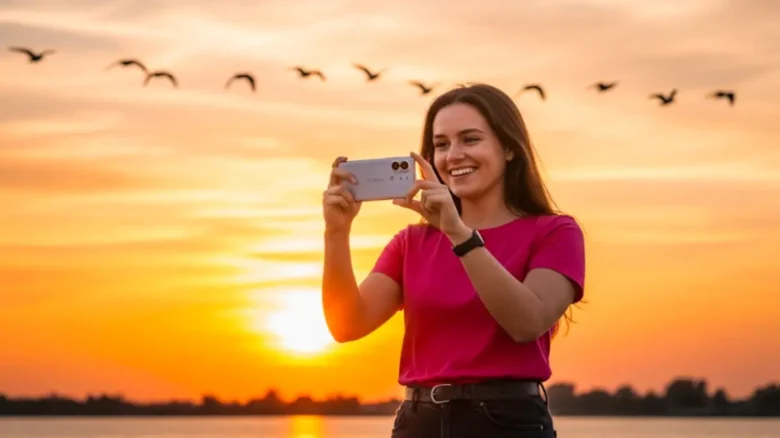 Xperia 1 VIIのカメラで夕焼け空を飛ぶ鳥を撮影しているアジア系の若い女性