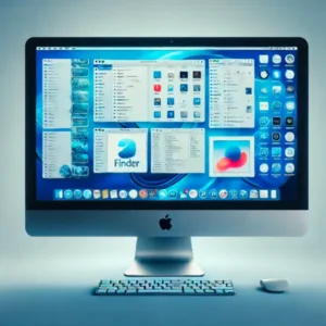 ブルーバック背景にmacOS画面を表示するiMacモニターの使用イメージ