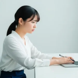 困惑した表情でMacBookを操作し、入力ミスに苦戦する日本の女性会社員