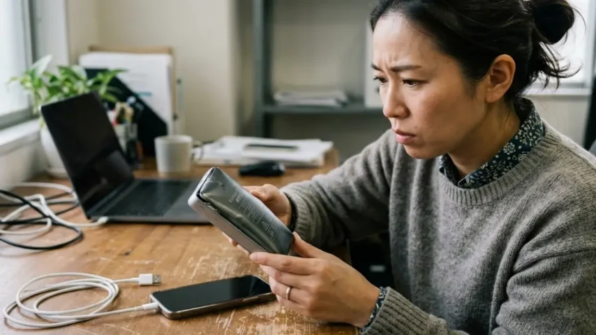 モバイルバッテリー膨らんできた危険サイン 膨らんだモバイルバッテリーを確認する日本人