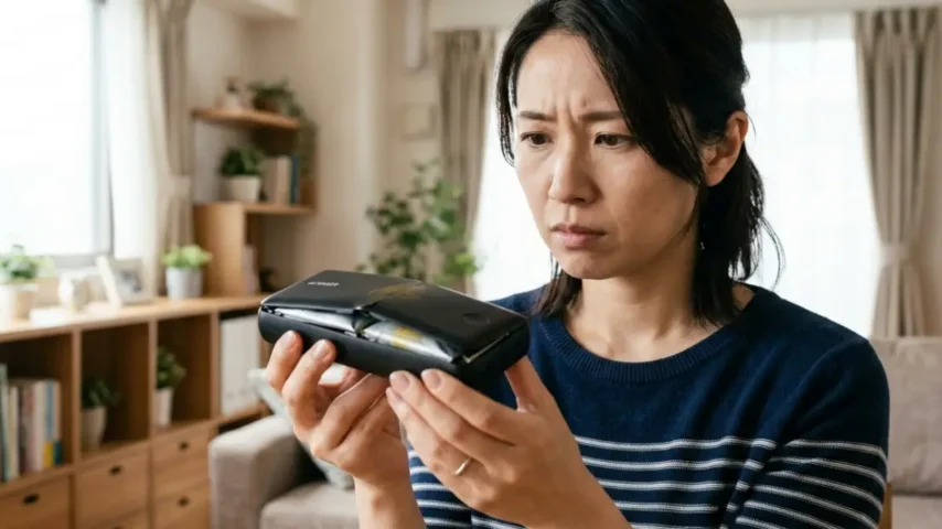 膨らんだモバイルバッテリーを持って不安そうに確認する日本人女性