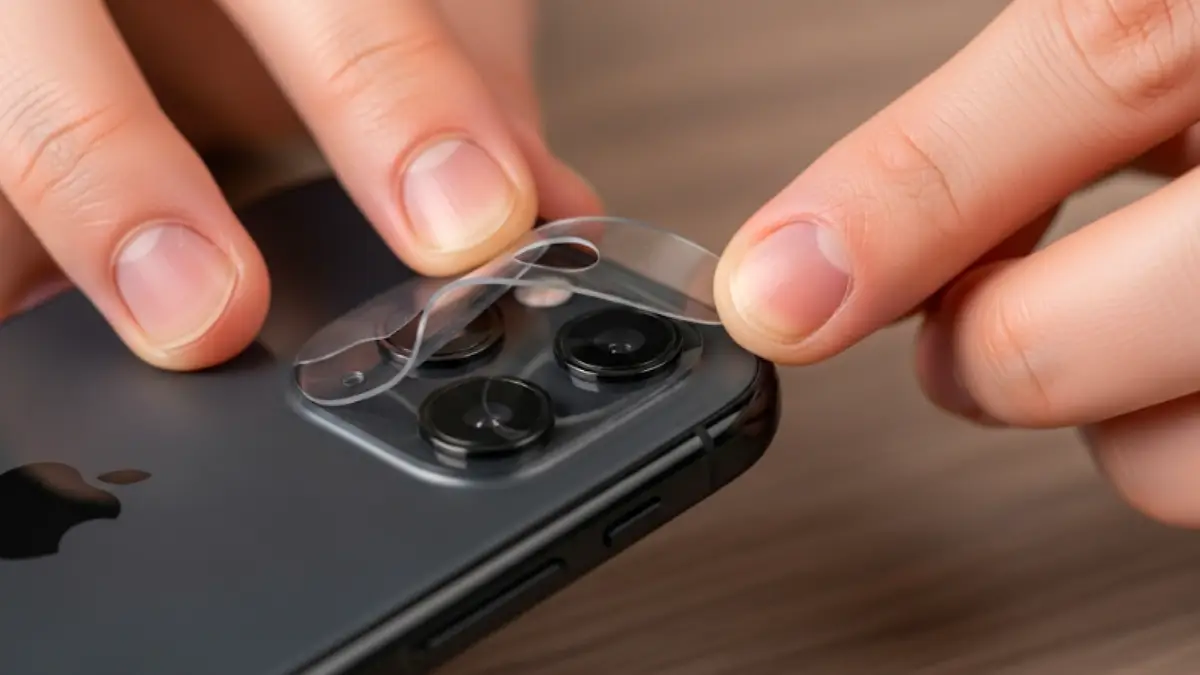 iPhoneカメラカバーが粘着して外れず、指で慎重に剥がしている場面