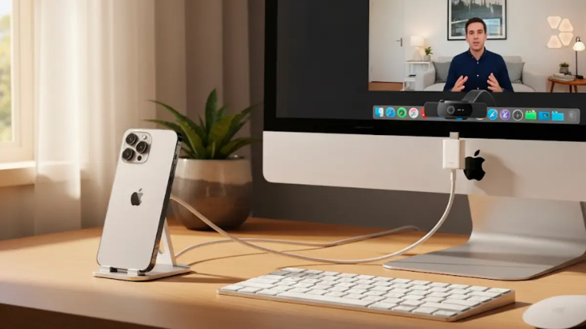 iPhoneカメラミラーリング HDMI接続イメージ iPhoneをHDMIアダプタで接続し、Macの画面にiPhoneカメラ映像を表示している設定例