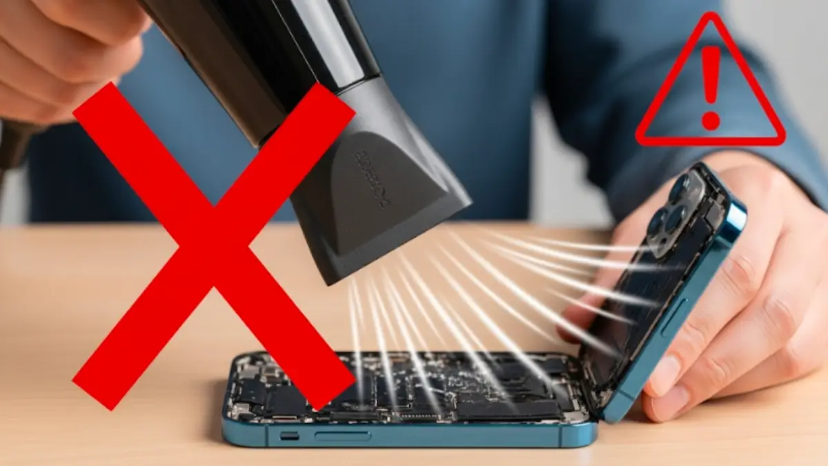 ドライヤーの強風で水没したiPhone14を乾燥させている様子に赤いバツ印が付いているイラスト