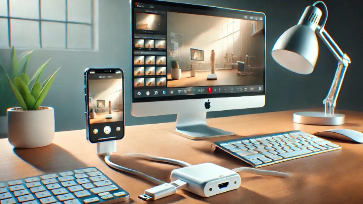 iPhone カメラ ミラーリング HDMI接続イメージ iPhoneをLightning–HDMIアダプタ経由でモニターに接続し、iPhoneカメラの映像を表示している場面