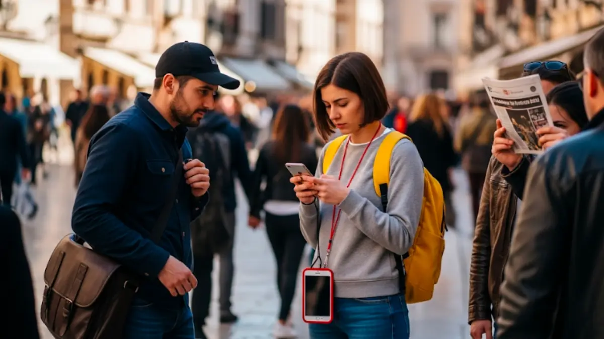 海外旅行でスマホを首から下げたときの盗難リスクを示すイメージ