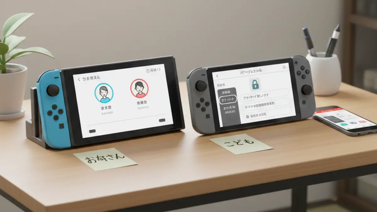 ニンテンドー スイッチを2台持ちして家族でアカウント設定を行っているイメージ