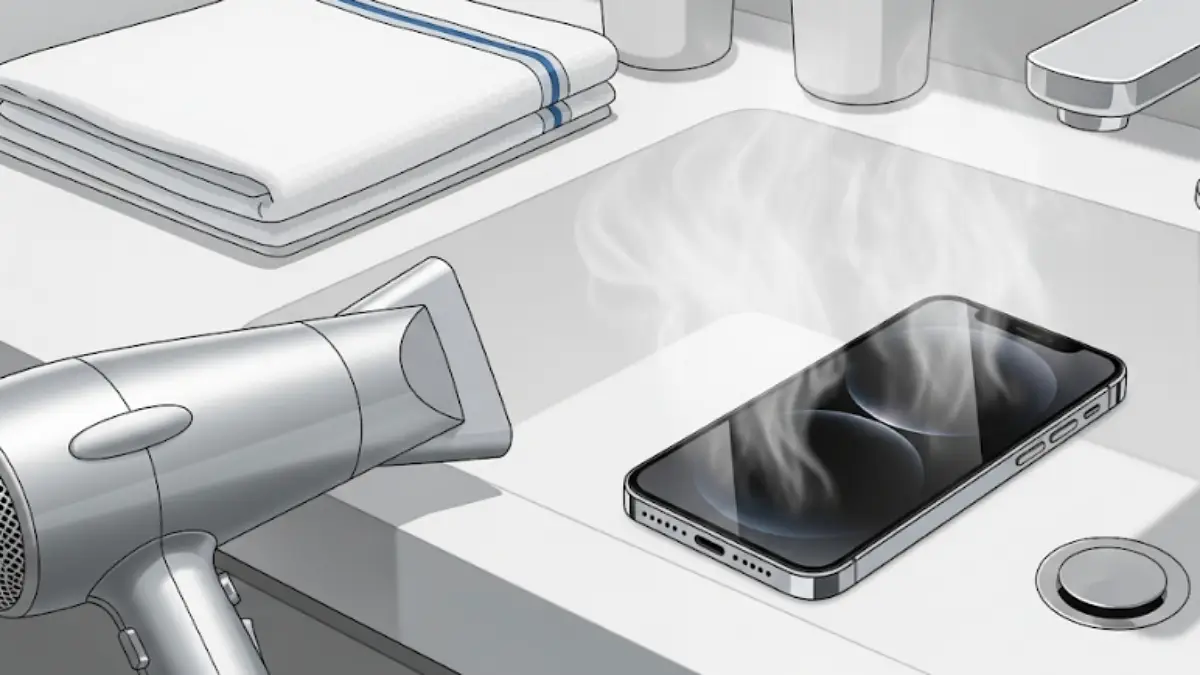 湯気のある洗面台に置かれたiPhone14と応急処置用のタオル、ドライヤー