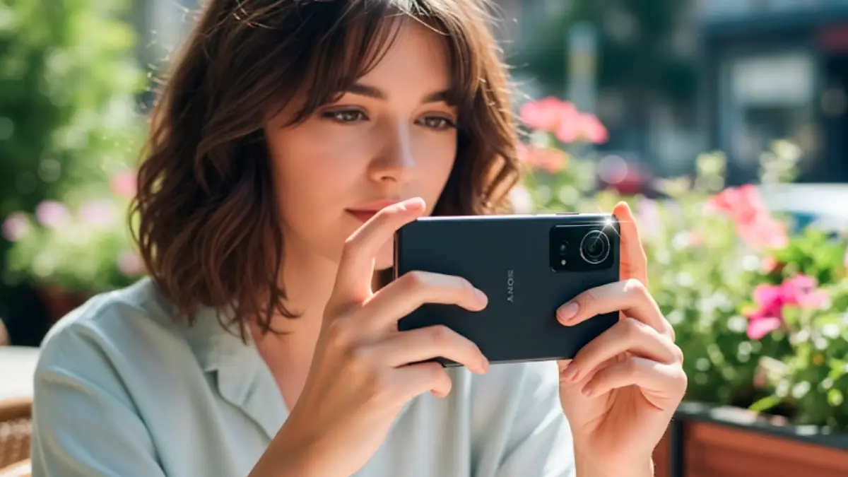 Xperia 1 VIIで写真撮影を楽しむ女性の屋外使用シーン