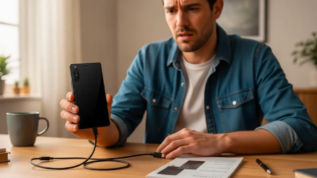 電源が入らないXperia 1 VIIを前に困っている男性