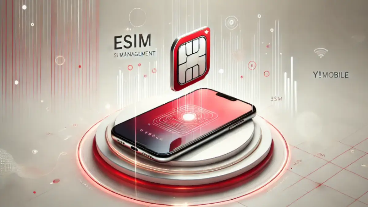 ワイモバイルのeSIM機種変更を表すスマートフォンとeSIMチップのイラストバナー