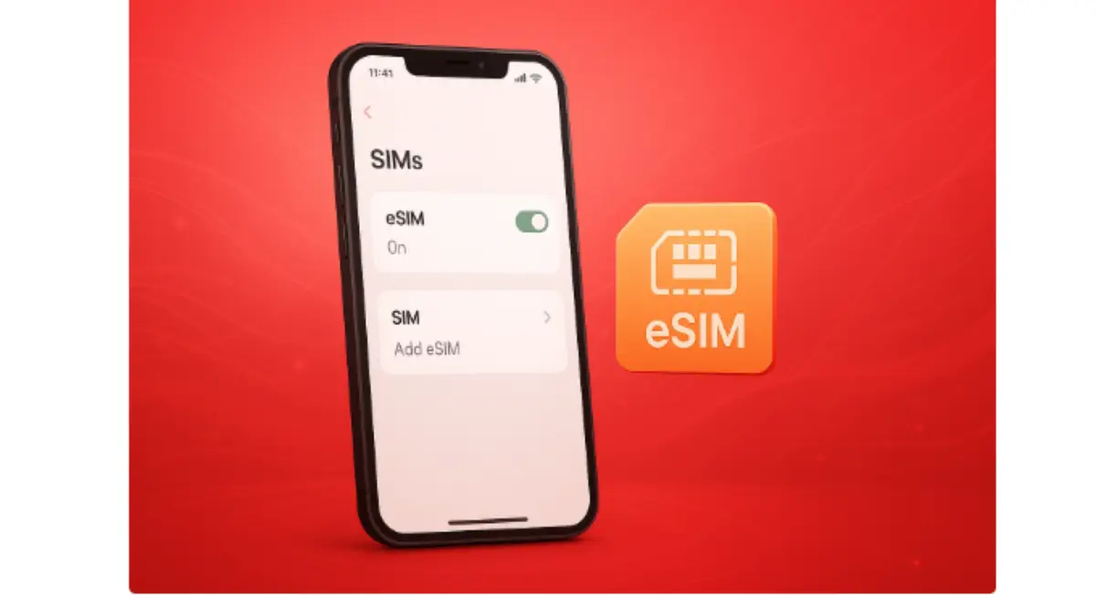 iPhoneのモバイル通信設定画面でeSIMが有効（On）になっており、eSIMを追加するメニューが表示されている