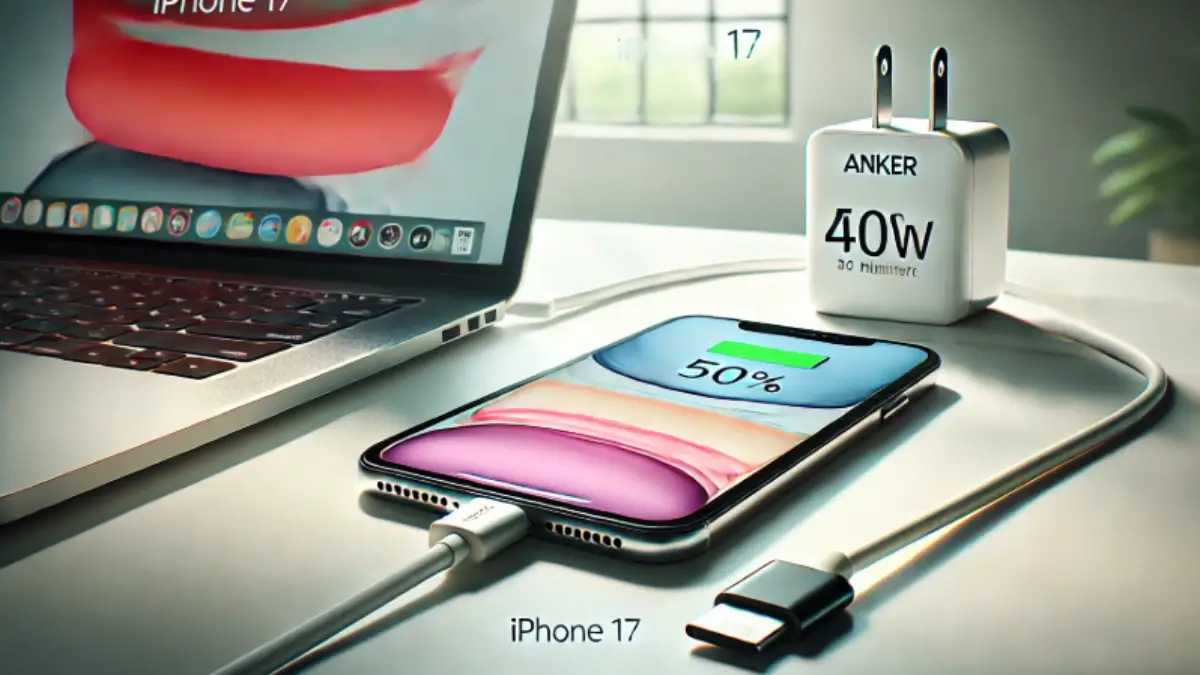 iPhone17をAnker製40W急速充電器で充電しているイメージ