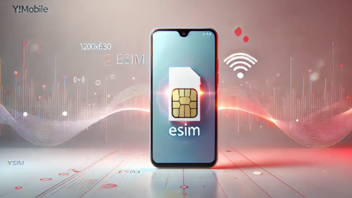 Y!mobileのeSIM機種変更をイメージしたスマートフォンとデジタルSIMカードのイラスト
