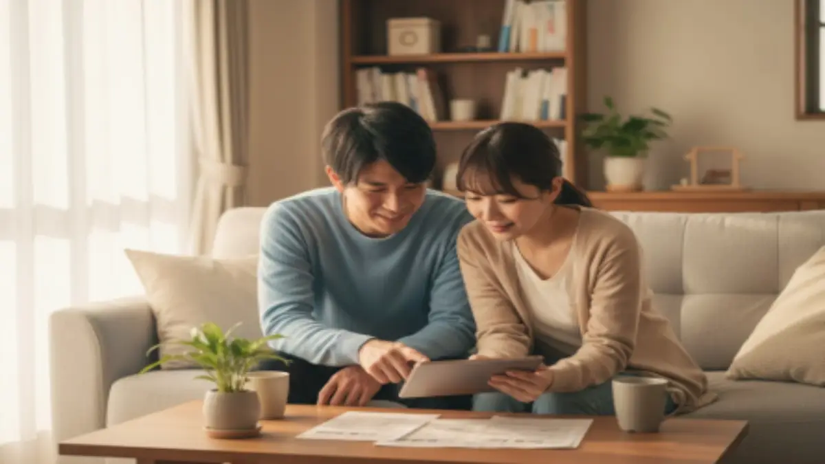 スマホ料金を見直している日本人カップルの様子