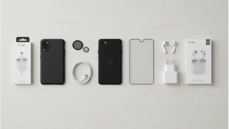 Google Pixelにおすすめのアクセサリーをまとめた横長バナー。ケース、フィルム、充電器などの厳選アイテムを紹介するイメージ。