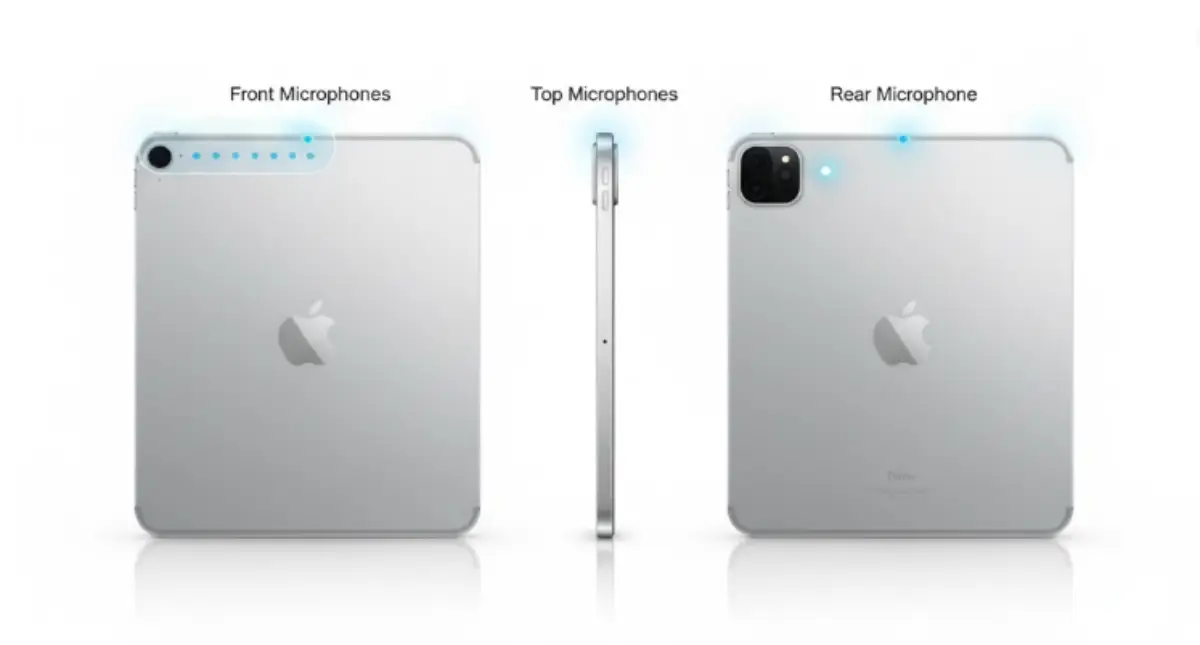 iPad Proの上部・前面・背面カメラ横に配置されたマイク位置を示す解説図