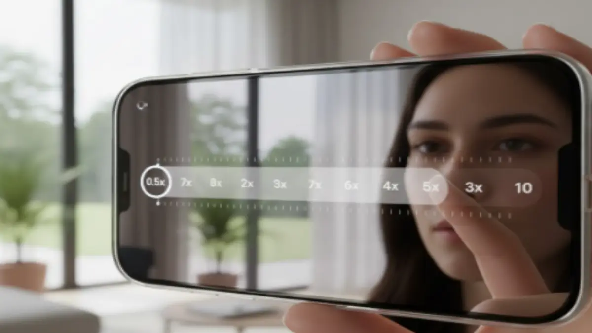 iPhone17のカメラズームUIクローズアップ。画面上でズーム操作しているユーザーインターフェースの詳細を捉えた写真