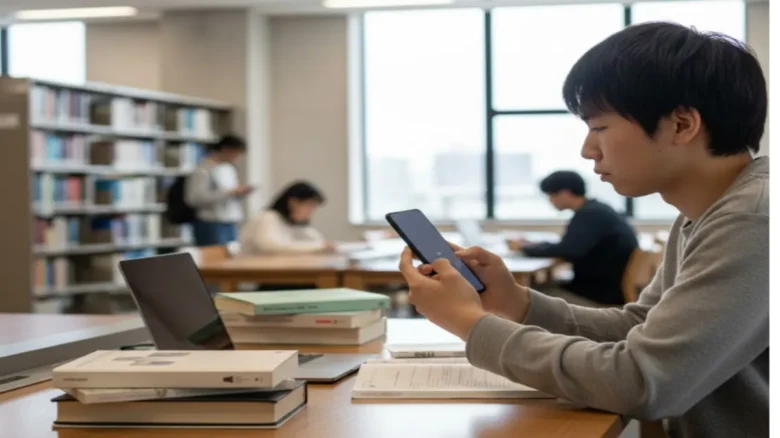 図書館でGoogle Pixelをミュート設定にして静かに利用しているシーン。ベルに斜線のミュートアイコンを確認しながら使っている様子。