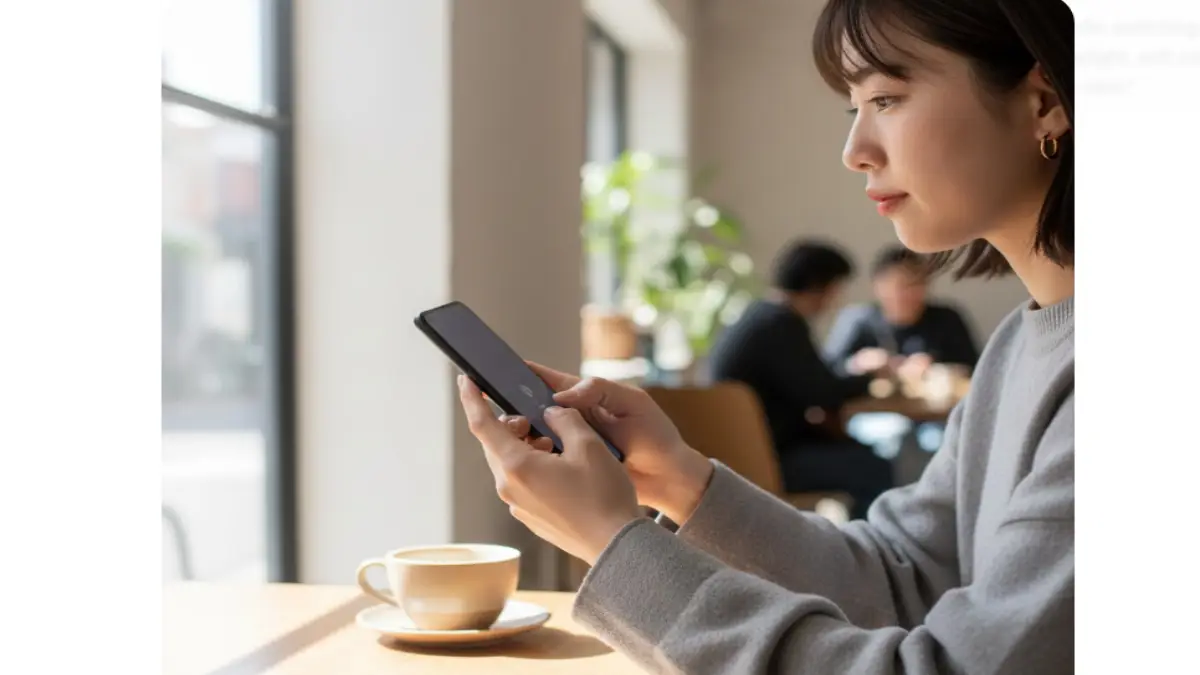 カフェでGoogle Pixelを操作し、バイブレーション（マナーモード相当）設定を表示して静かに通知を受け取っている様子