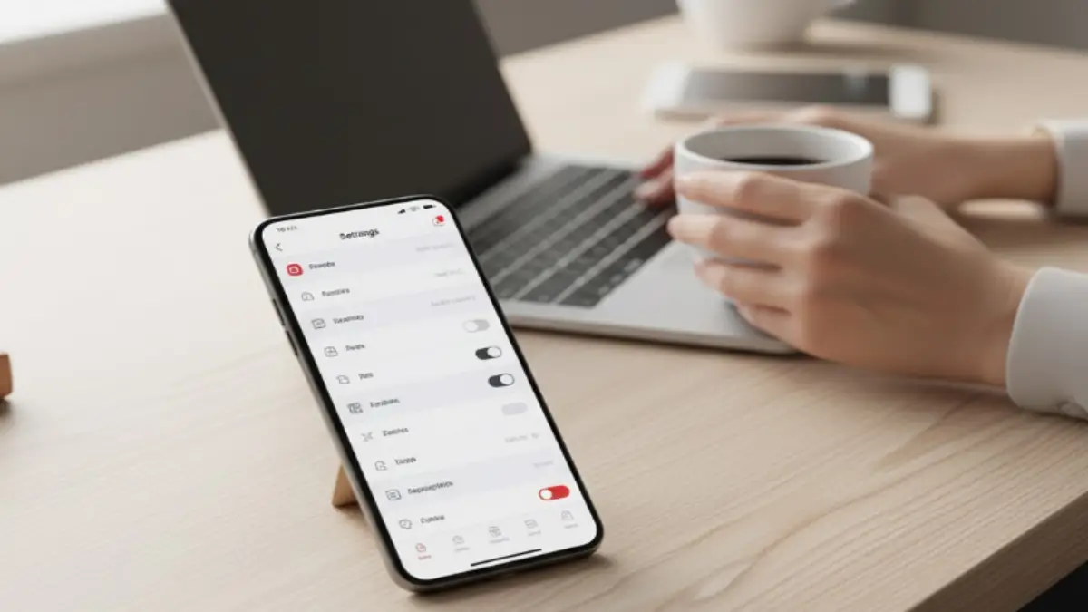 楽天Link アプリ設定・アップデート手順 デスク上でスマートフォンに表示された楽天Linkの設定画面と作業中の手元