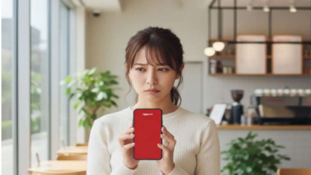 スマートフォンで楽天Linkの接続エラーを確認する女性。通信状態をチェックする様子。