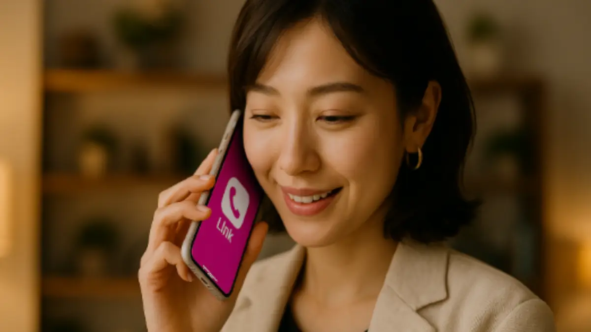楽天Link 通話成功 iPhoneユーザー iPhoneで楽天Linkを使い通話が成功して安心する女性