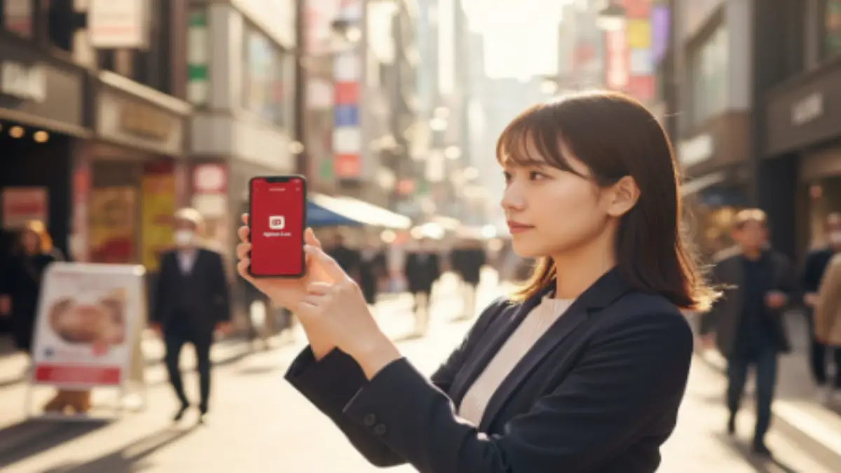 楽天Link 電波チェック 屋外シーン 屋外でスマートフォンを使い楽天Linkの電波状況を確認する女性