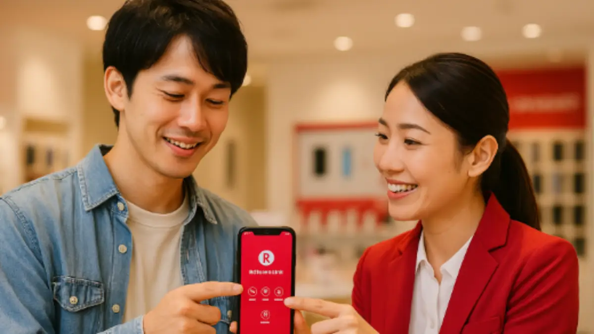 楽天Linkトラブル相談-店舗サポート風景 楽天Linkのトラブルをモバイルショップで相談する男性と店員