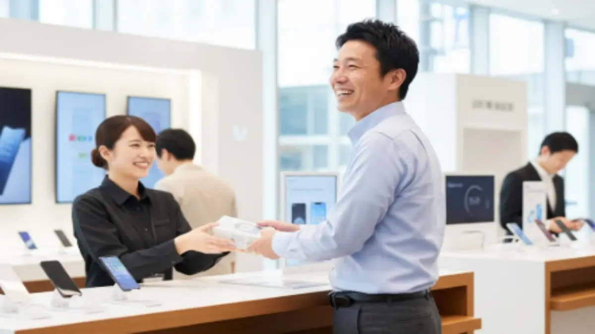 スマホ契約に通過して安心の表情を見せる日本人男性