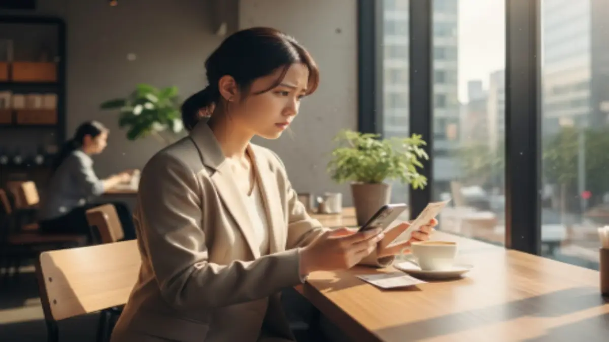 スマホ料金滞納に悩む日本人女性がカフェでスマートフォンを見つめる様子